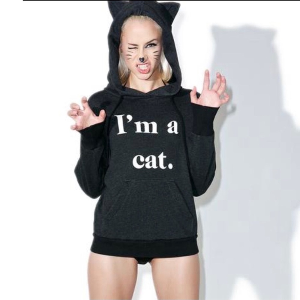 🐈⬛WILDFOX RARE “I’m A Cat” 3D Ears Hoodie Charcoal Gray Black ASO Paris Hilton - Picture 6 of 13